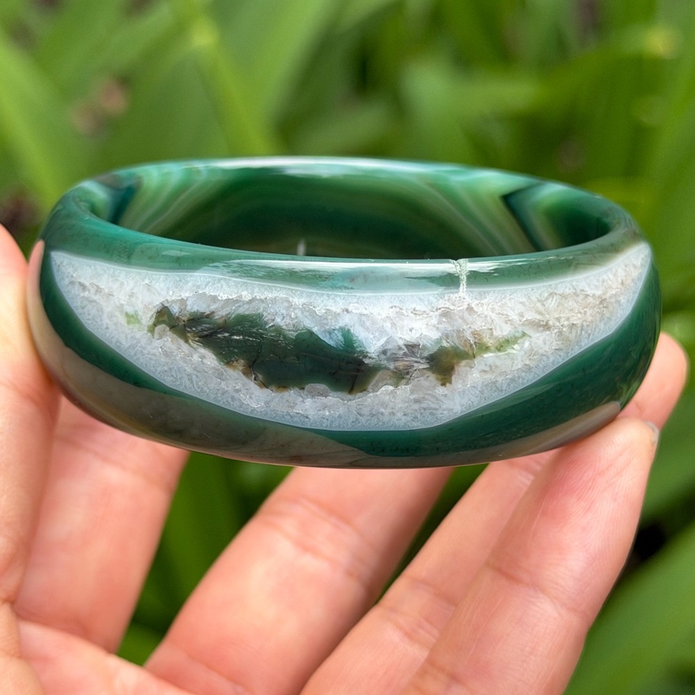 59mm inner diameter druzy green banded‎ agate bangle 0516